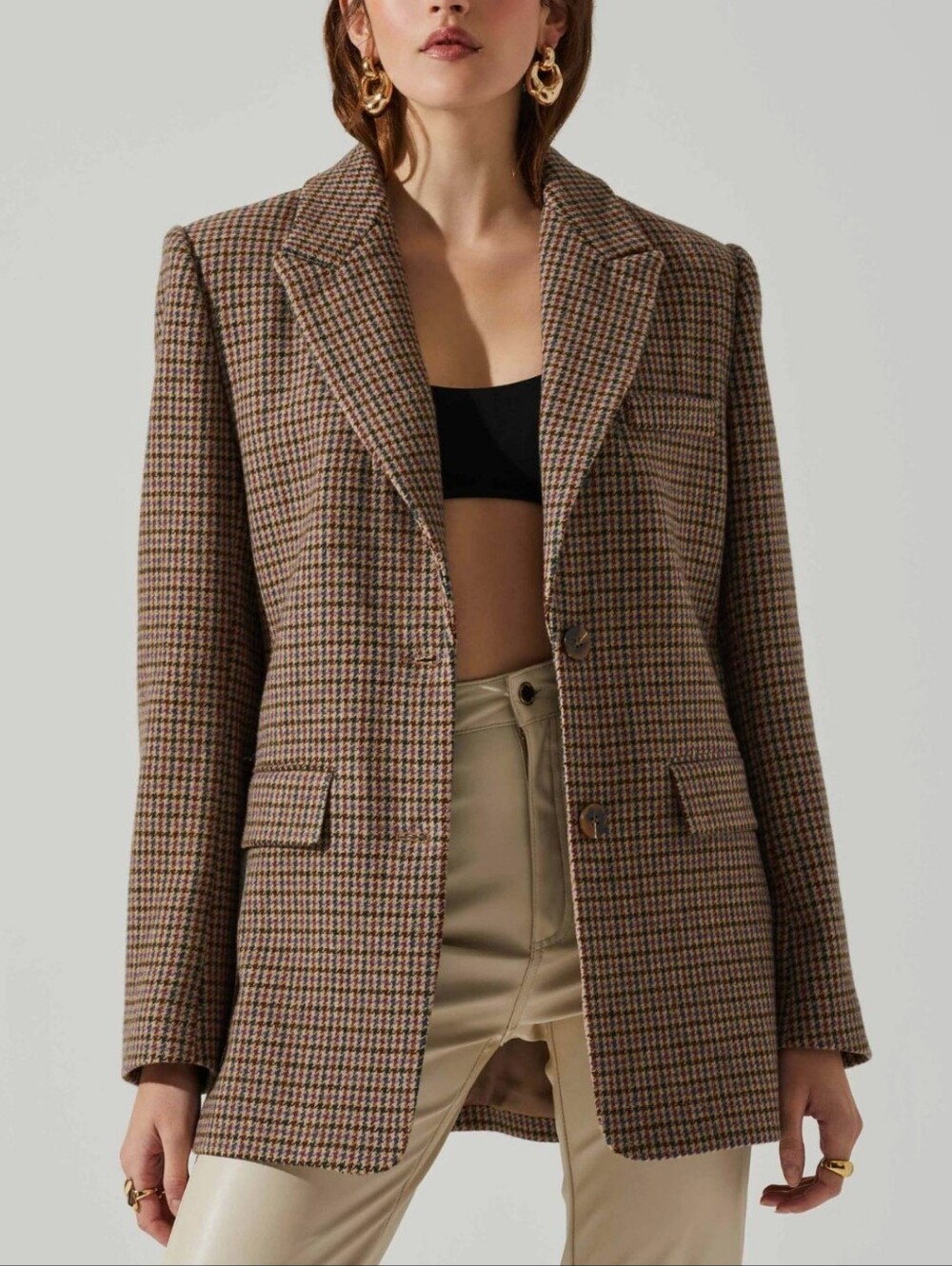ZARA Brown Houndstooth Blazer W Suede Patch Elbows, Sz Small